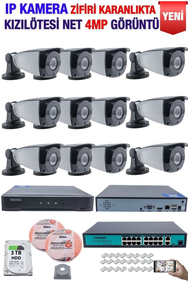 IP Kamera Seti - 12 IP Kamera - 16 Kanal NVR - 16 Port POE Switch, 3  TB Disk, Gece Görüşlü (IR)