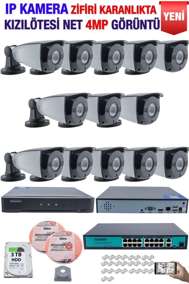 IP Kamera Seti - 13 IP Kamera - 16 Kanal NVR - 16 Port POE Switch, 3  TB Disk, Gece Görüşlü (IR)