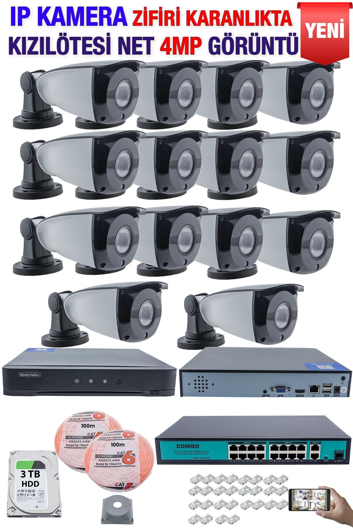 IP Kamera Seti - 14 IP Kamera - 16 Kanal NVR - 16 Port POE Switch, 3  TB Disk, Gece Görüşlü (IR)