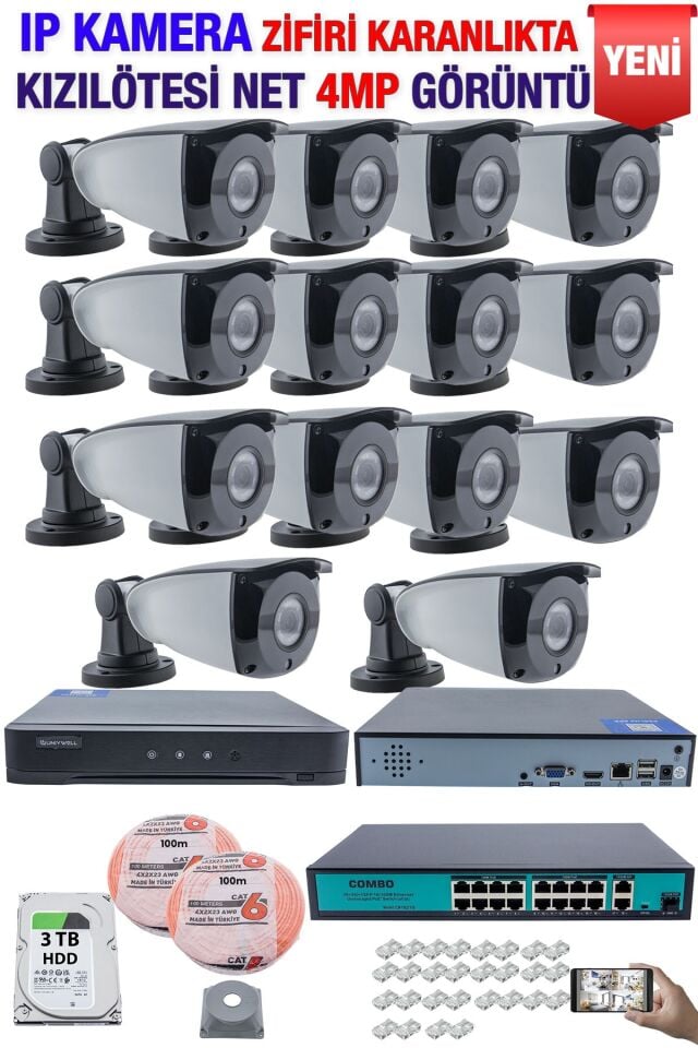 IP Kamera Seti - 14 IP Kamera - 16 Kanal NVR - 16 Port POE Switch, 3  TB Disk, Gece Görüşlü (IR)