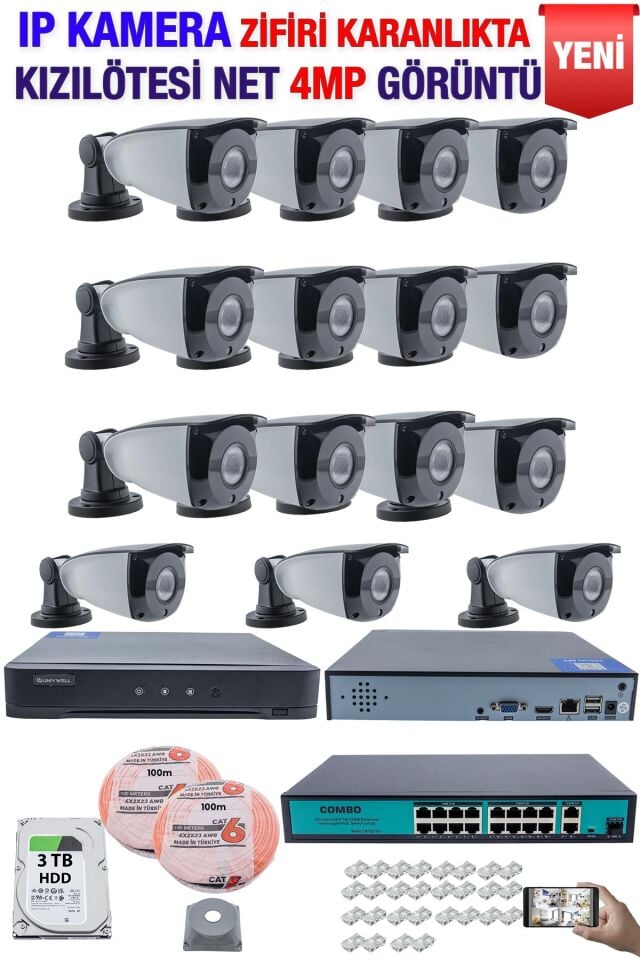 IP Kamera Seti - 15 IP Kamera - 16 Kanal NVR - 16 Port POE Switch, 3  TB Disk, Gece Görüşlü (IR)