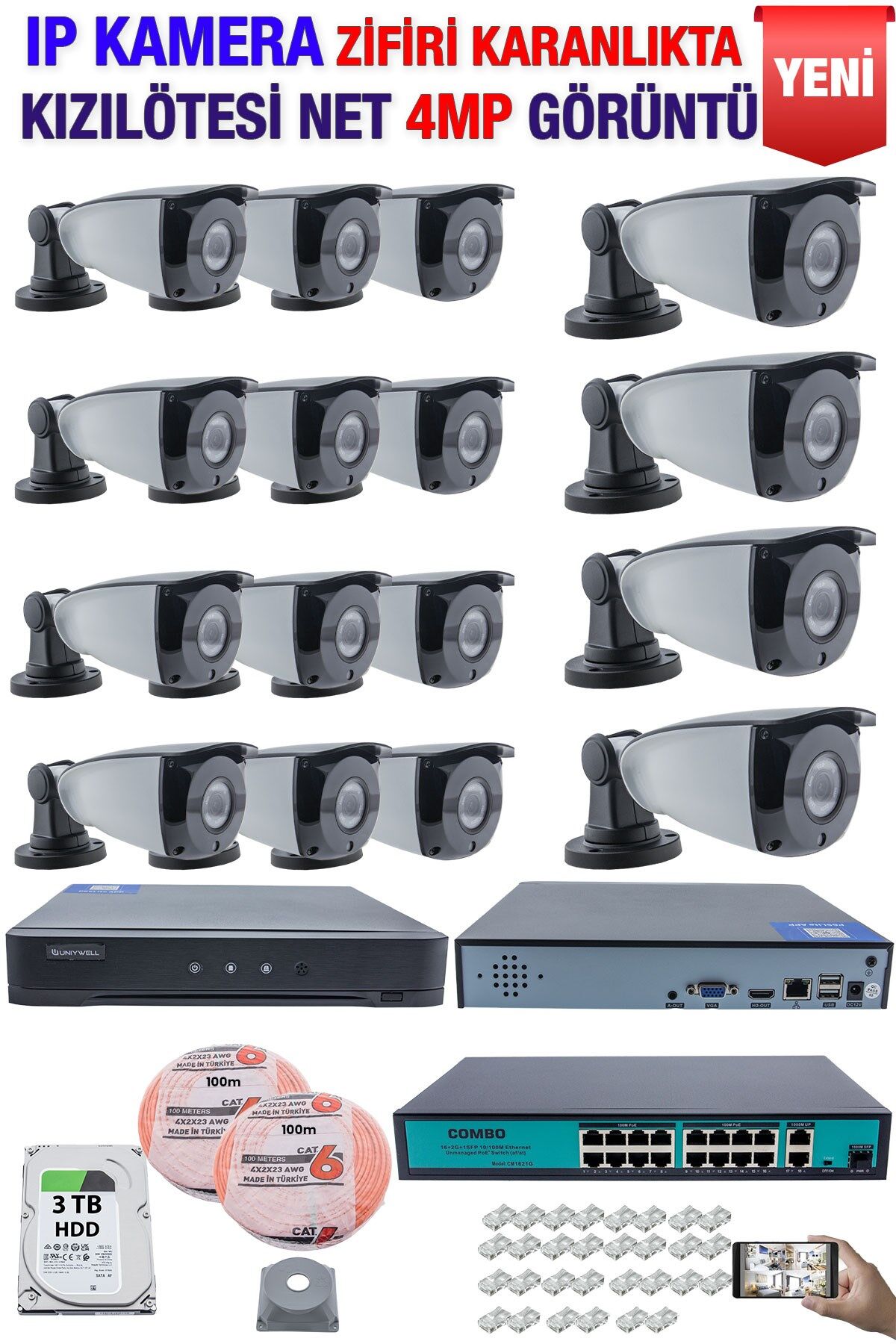 IP Kamera Seti - 16 IP Kamera - 16 Kanal NVR - 16 Port POE Switch, 3  TB Disk, Gece Görüşlü (IR)