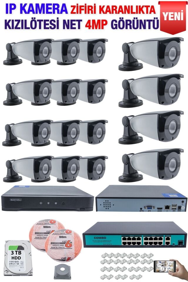 IP Kamera Seti - 16 IP Kamera - 16 Kanal NVR - 16 Port POE Switch, 3  TB Disk, Gece Görüşlü (IR)