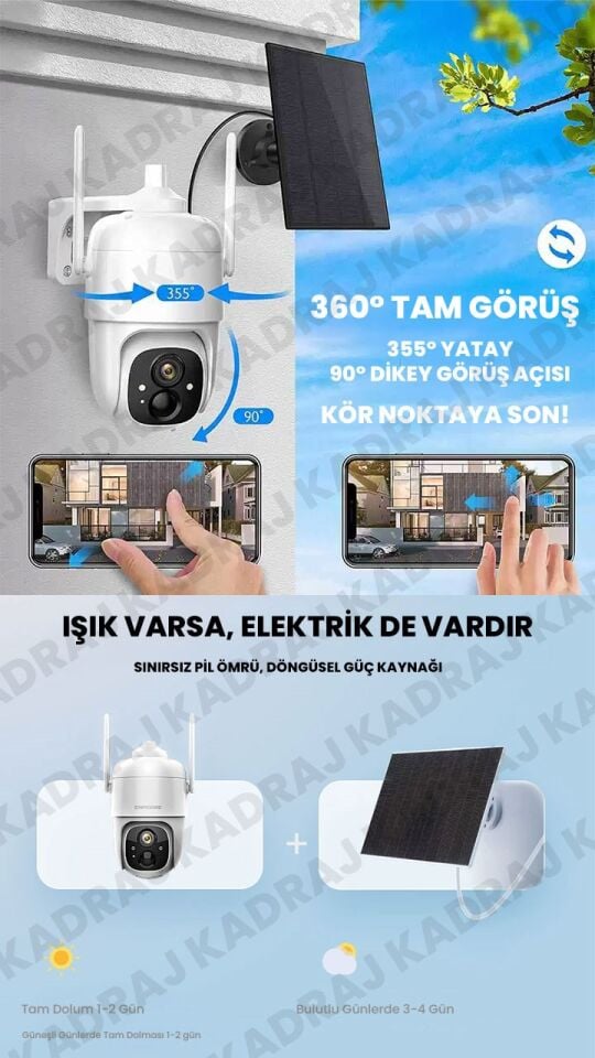 WIFI | Solar Panelli Kablosuz PTZ Kamera | 2K  | 360° Hareket | Gece Görüşü | Çift Yönlü Konuşma |