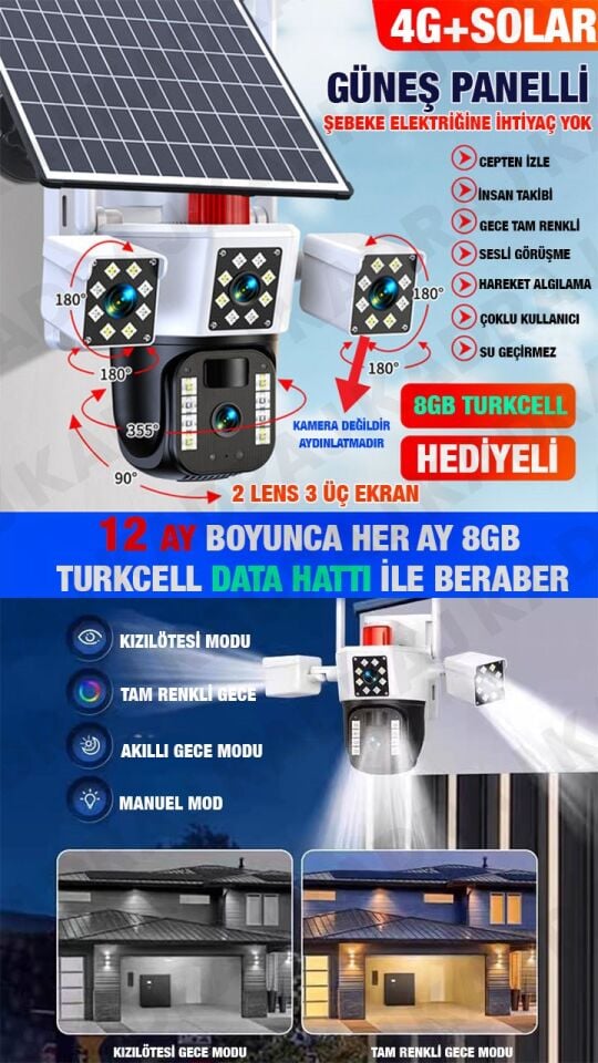 OKAM 3030 - GÜNEŞ PANELLİ | SIM KARTLI |  8GB DATA HATTI  | 128GB SD KART | 6MP | 2 LENS 3 EKRAN