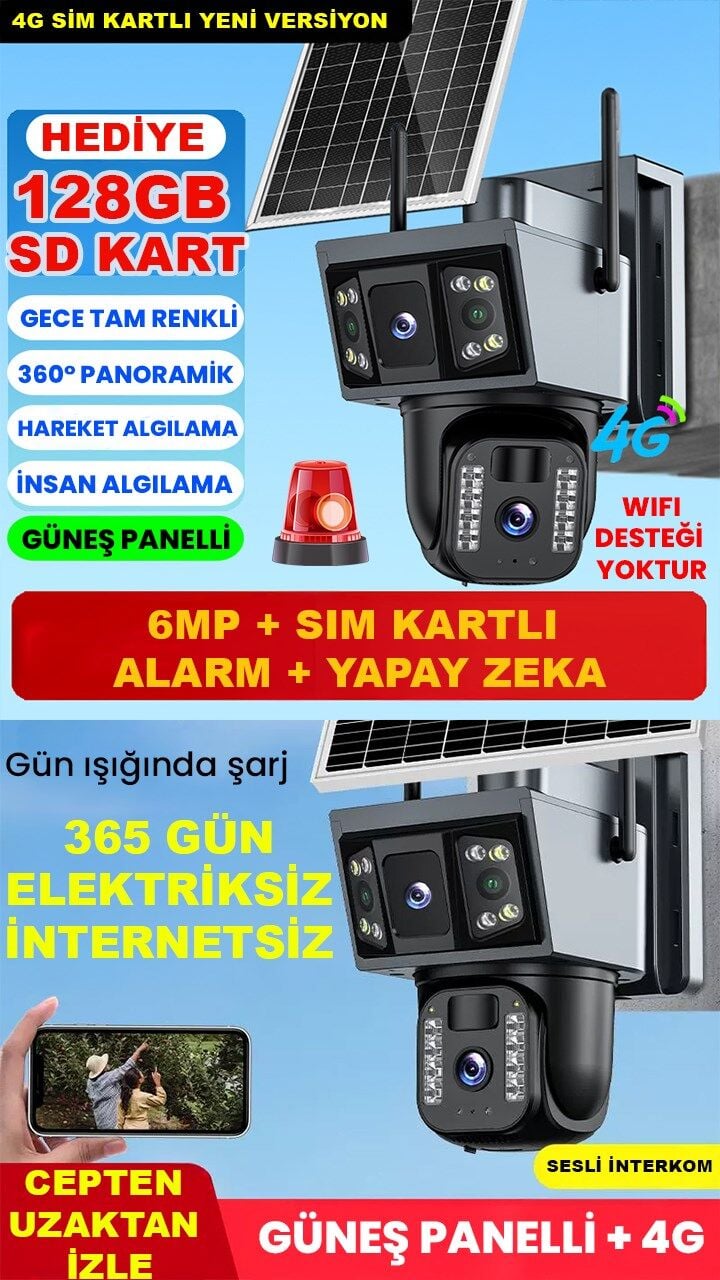 SIM Kartlı | Güneş Enerjili | 6MP | Hareket Algılama | Mobil Bildirim Gece Renkli Güvenlik Kamerası