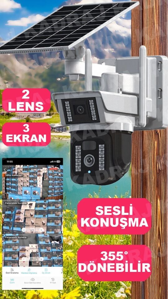 Kadraj Solar Panelli, Sim Kartlı, HER AY 8GB INTERNET, 6MP,4G GÜNEŞ PANELLİ GÜVENLİK KAMERASI