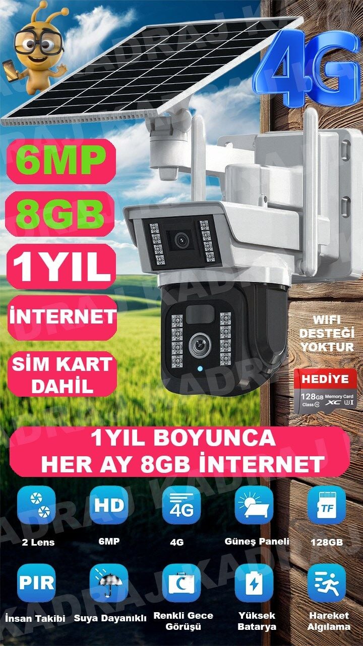Kadraj Solar Panelli, Sim Kartlı, HER AY 8GB INTERNET, 6MP,4G GÜNEŞ PANELLİ GÜVENLİK KAMERASI