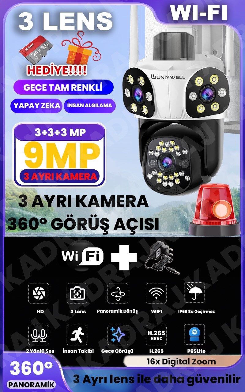 WIFI Güvenlik Kamerası | 9MP | 12V DC | 2 Yönlü Ses | Hareket Algılama Tam Renki Gece Görüşü Alarm