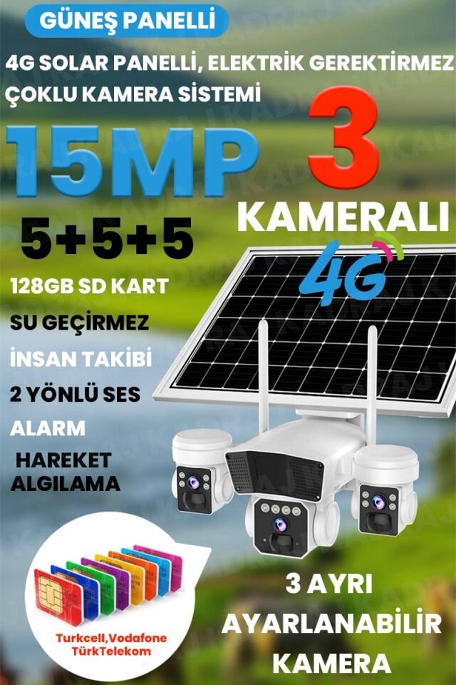 Solar Kamera - Güneş Enerjili Kamera - Sim Kartlı Kamera - 15MP -  3  KAMERALI GÜVENLİK KAMERASI