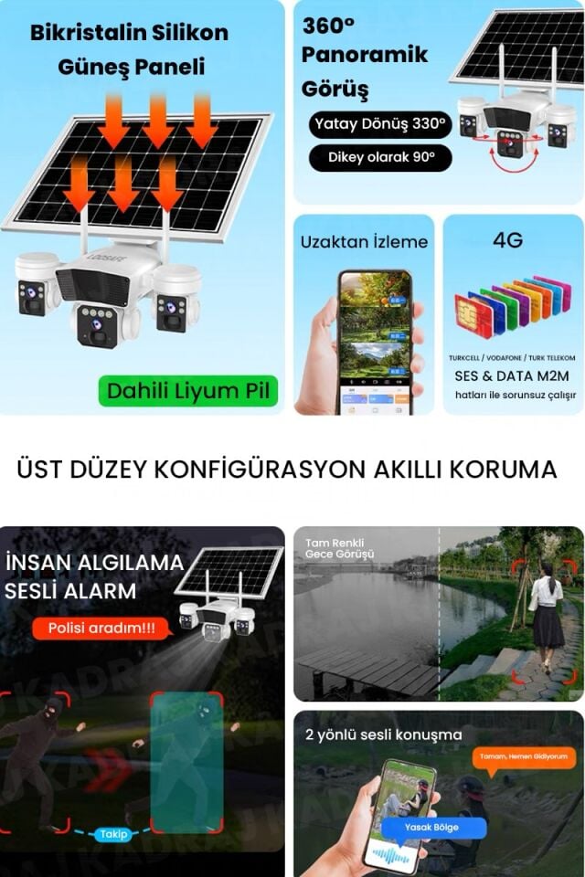 Solar Kamera - Güneş Enerjili Kamera - Sim Kartlı Kamera - 15MP -  3  KAMERALI GÜVENLİK KAMERASI
