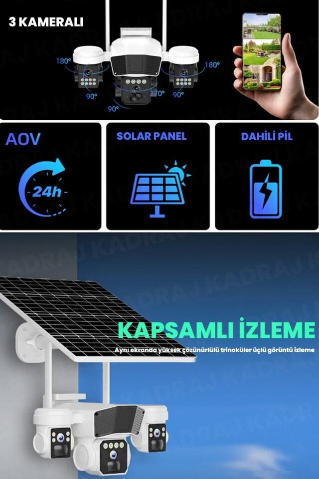 Solar Kamera - Güneş Enerjili Kamera - Sim Kartlı Kamera - 10X GERÇEK OPTİK ZOOM -  3  KAMERALI GÜVENLİK KAMERASI