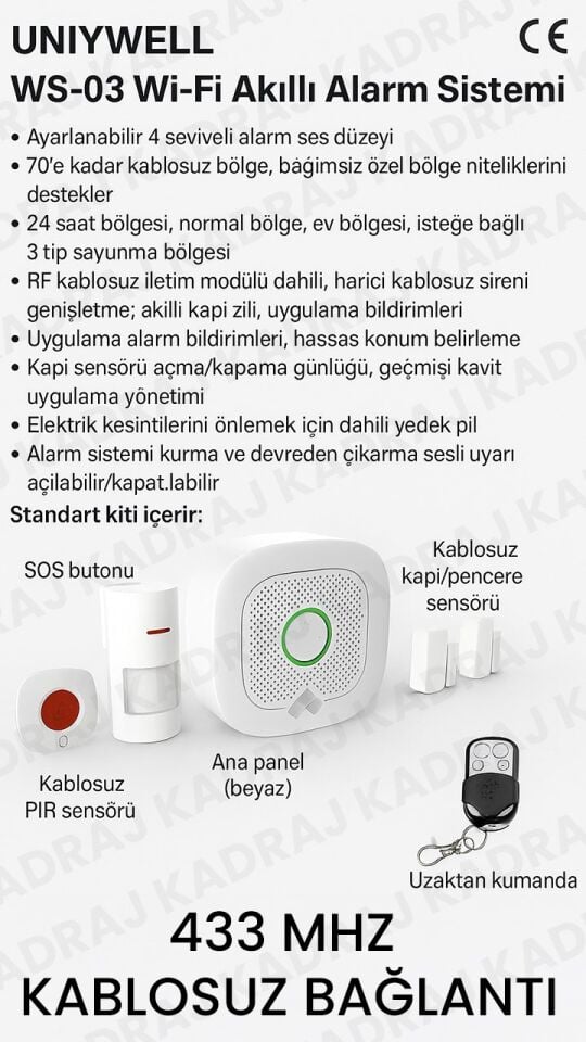 UNIYWELL WS-03 Kablosuz Ev Alarm Sistemi | CE Sertifikalı | Priz Tipi Ana Ünite |