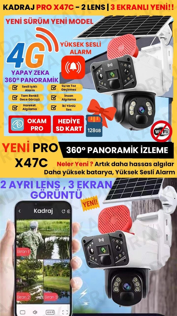Sim Kartlı Güvenlik Kamerası, Solar Panelli Kamera, 4G  X47C PRO 3  EKRANLI Solar Kamera