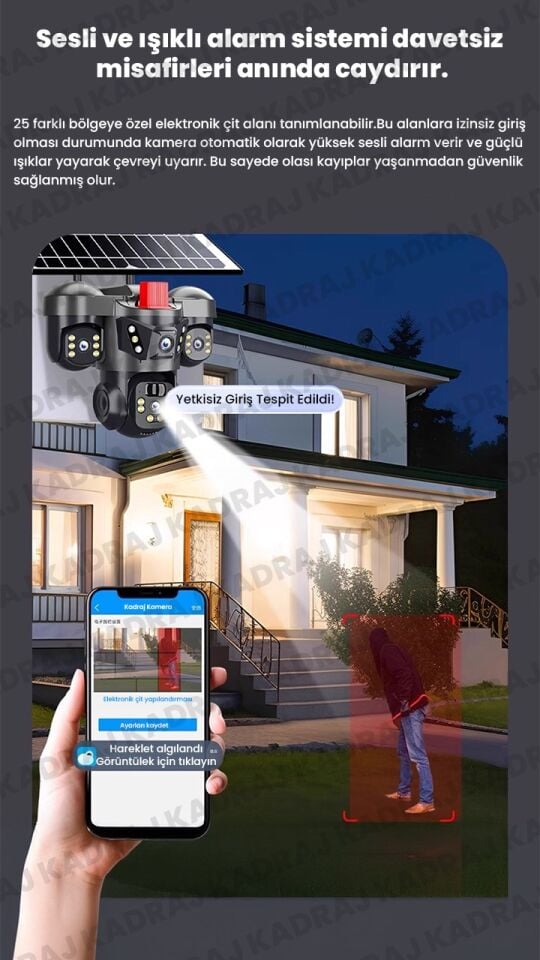 15MP 3 Kameralı Sim Kartlı Kamera Solar Panelli Kamera İnsan Algılama Hareket Takibi, Sesli Çakarlı