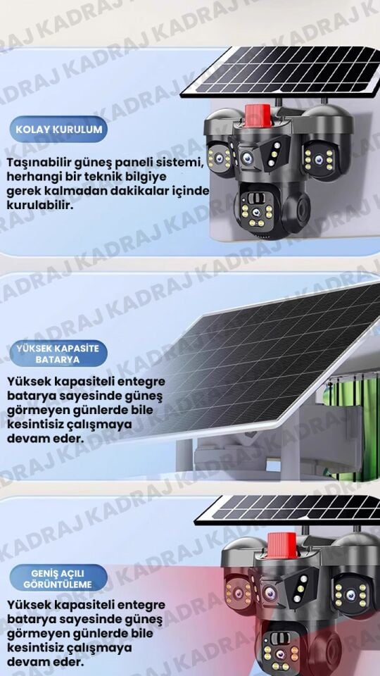 15MP 3 Kameralı Sim Kartlı Kamera Solar Panelli Kamera İnsan Algılama Hareket Takibi, Sesli Çakarlı