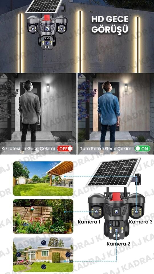 15MP 3 Kameralı Sim Kartlı Kamera Solar Panelli Kamera İnsan Algılama Hareket Takibi, Sesli Çakarlı