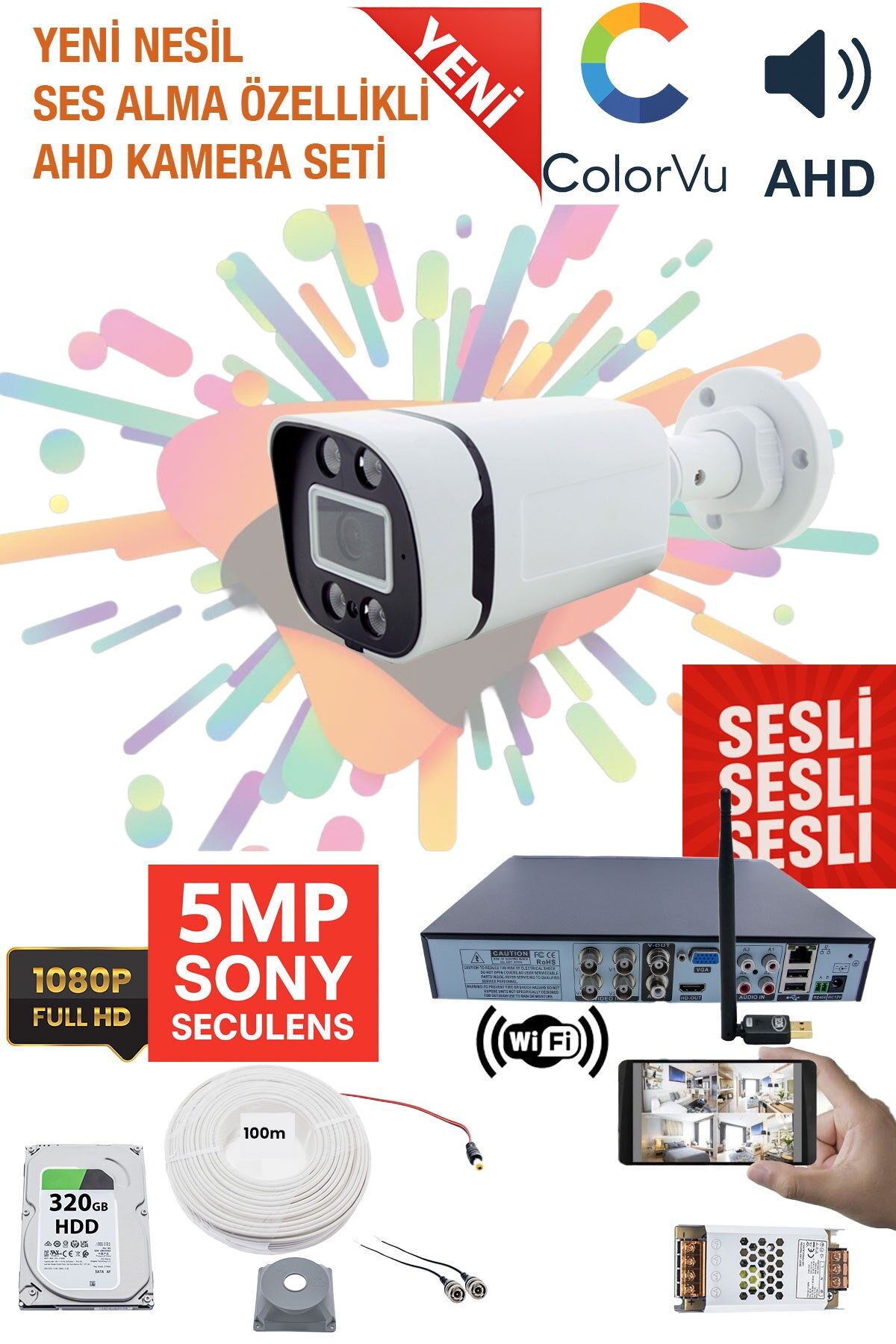 1 Kameralı Sesli Güvenlik Kamera Seti - Gece Renkli, 5MP Sony SecuLens, 1080P Full HD AHD,WiFi