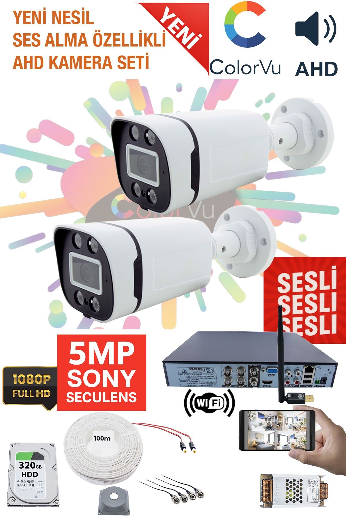 2 Kameralı Güvenlik Kamera Seti - 5MP Sony SecuLens, 1080p Full HD AHD, 4 Warm LED, Gece Renkli,WiFi