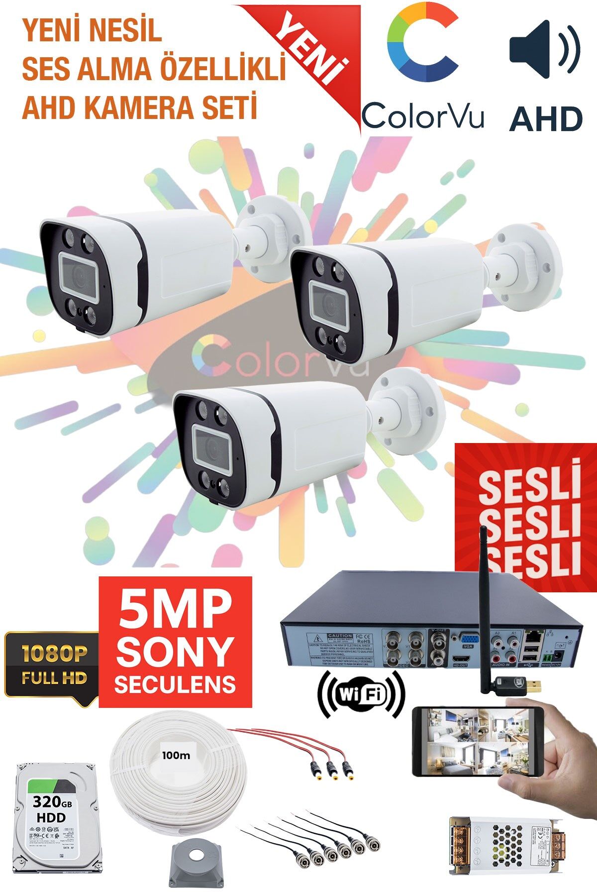 3 Kameralı Sesli Güvenlik Kamera Seti - Gece Renkli, 5MP Sony SecuLens, 1080p Full HD AHD, WiFi