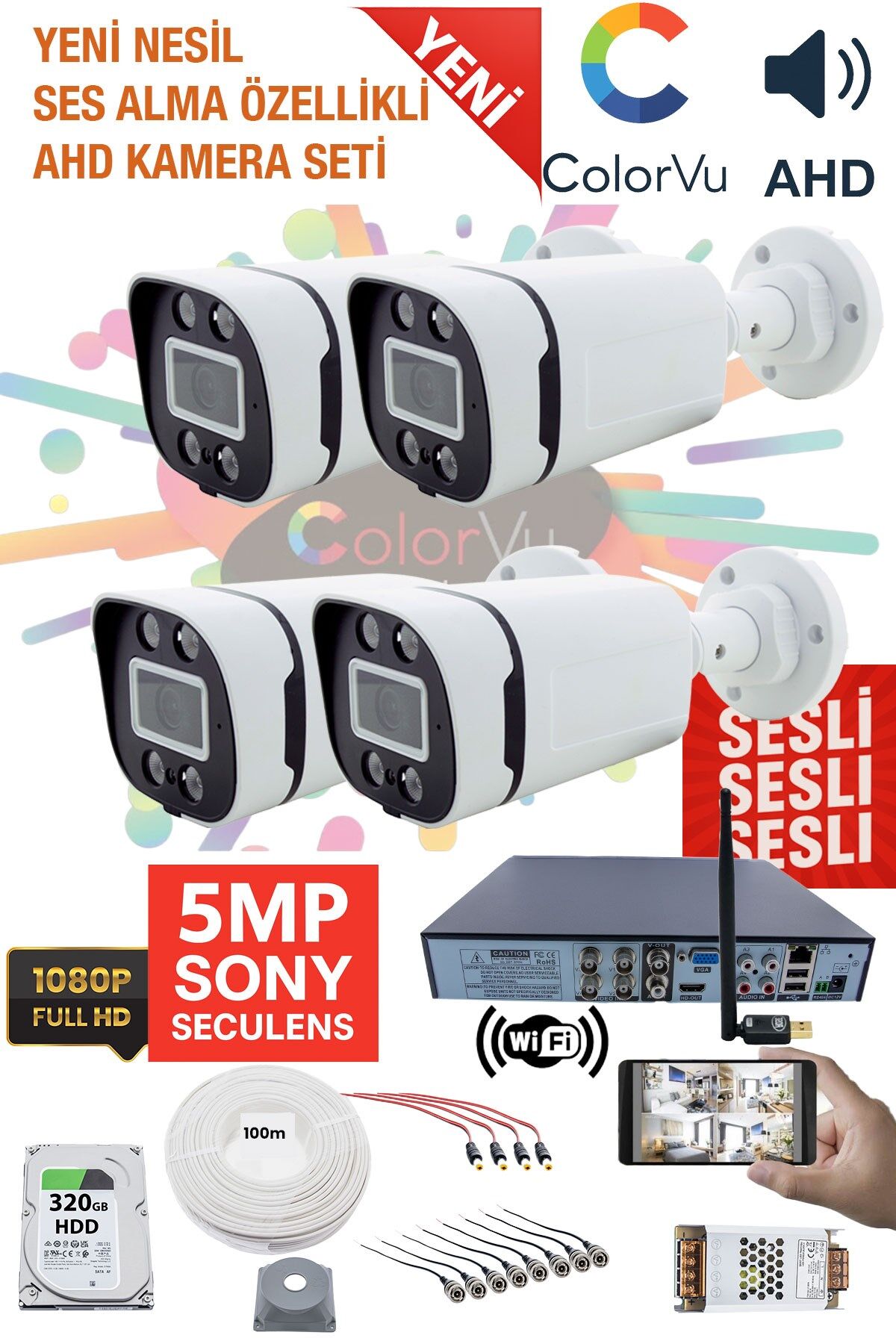 4 Kamera Sesli Güvenlik Seti - 5MP Sony SecuLens, 1080p HD AHD, Gece Renkli Görüş, 4x Ultra Warm LED