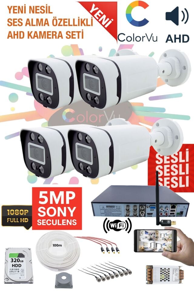4 Kamera Sesli Güvenlik Seti - 5MP Sony SecuLens, 1080p HD AHD, Gece Renkli Görüş, 4x Ultra Warm LED