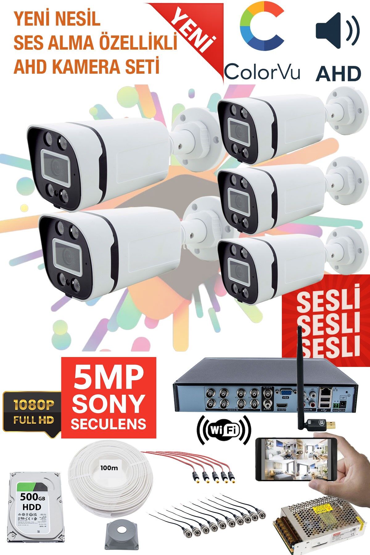 5 KAMERALI SESLİ GÜVENLİK KAMERASI SETİ - GECE RENKLİ 5MP SONY SECULENS, 1080P FULL HD AHD, 4 WARM