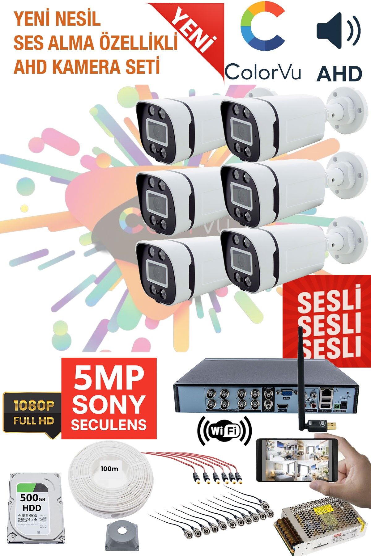 6 Kameralı Sesli Kamera Seti 5MP Sony SecuLensli 1080P, 4 Warm LED, Gece Renkli, Full HD AHD