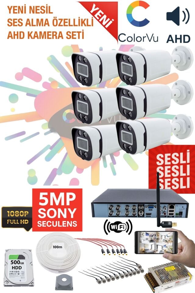 6 Kameralı Sesli Kamera Seti 5MP Sony SecuLensli 1080P, 4 Warm LED, Gece Renkli, Full HD AHD