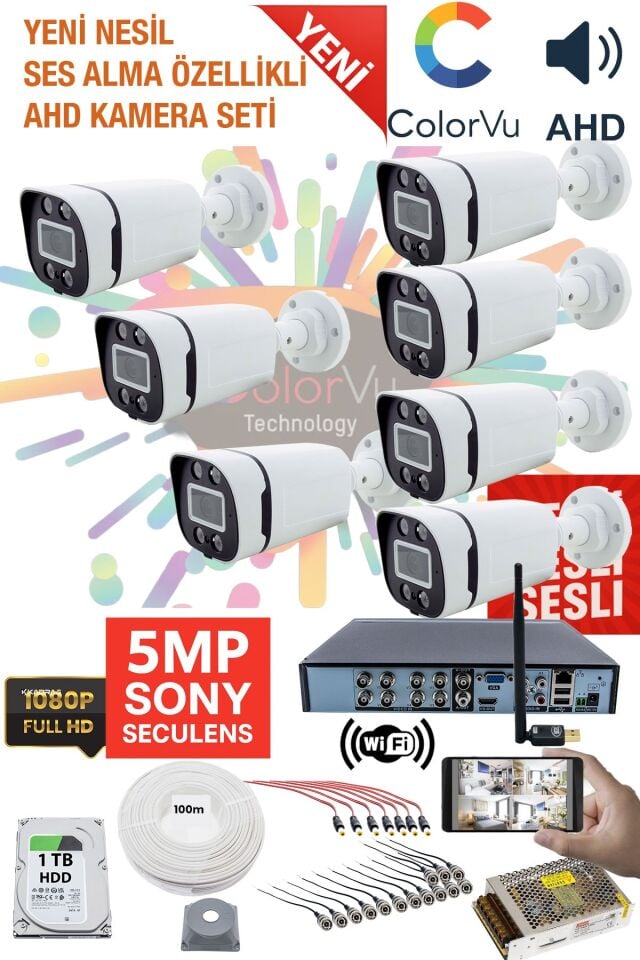 7'LI KAMERA SESLİ KAMERA SETİ - 5MP Sony SecuLensli 1080P, 4 Warm LED,Gece Renkli, Full HD AHD