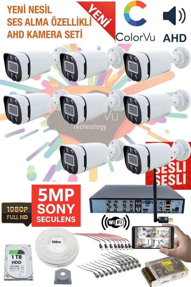 8'li Kamera Seti - 5MP Sony SecuLensli 1080P, 4 Warm LED, Gece Renkli, Full HD AHD Güvenlik Kamerası