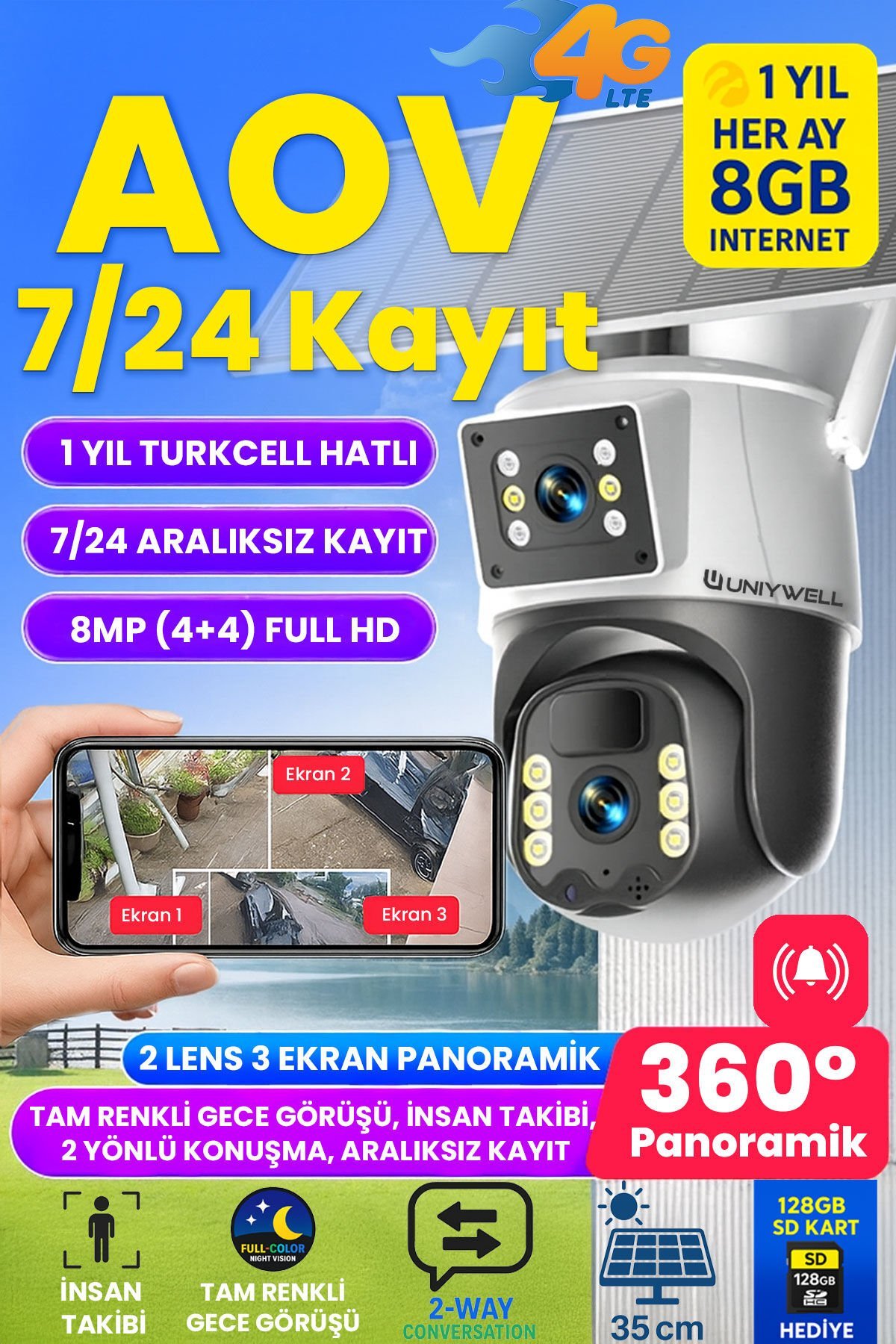 8MP 4G Sim Kartlı Güvenlik Kamerası, Solar Panelli, AOV Kesinsiz Kayıt, 1 YIL INTERNET, Oto Takip
