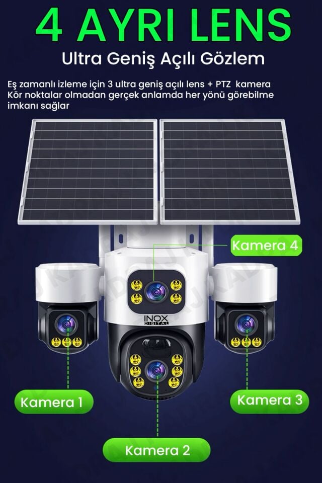 4 Kameralı INOX modeli , 4G + e-Sim, 2 Solar Panelli, Uzaktan izleme , Hareket Takip , Alarm , Sesli