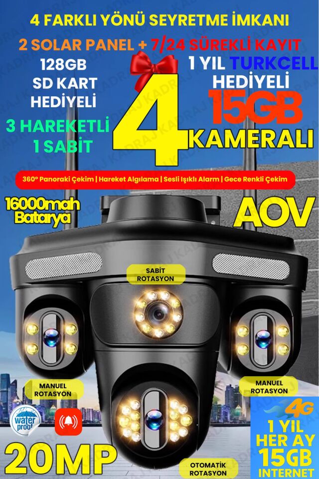 4 Kameraları 4G - eSim Solar Panelli, Her ay 15GB Turkcell 1 Yıl Hediyeli, 7/24 Kayıt Aov, Alarm