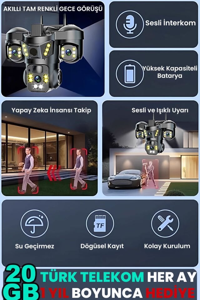 Sim Kartlı Kamera, 3 Kameralı, Solar Panelli, 20GB TURK TELEKOM Hat Dahil, İnsan Algılama, Sesli