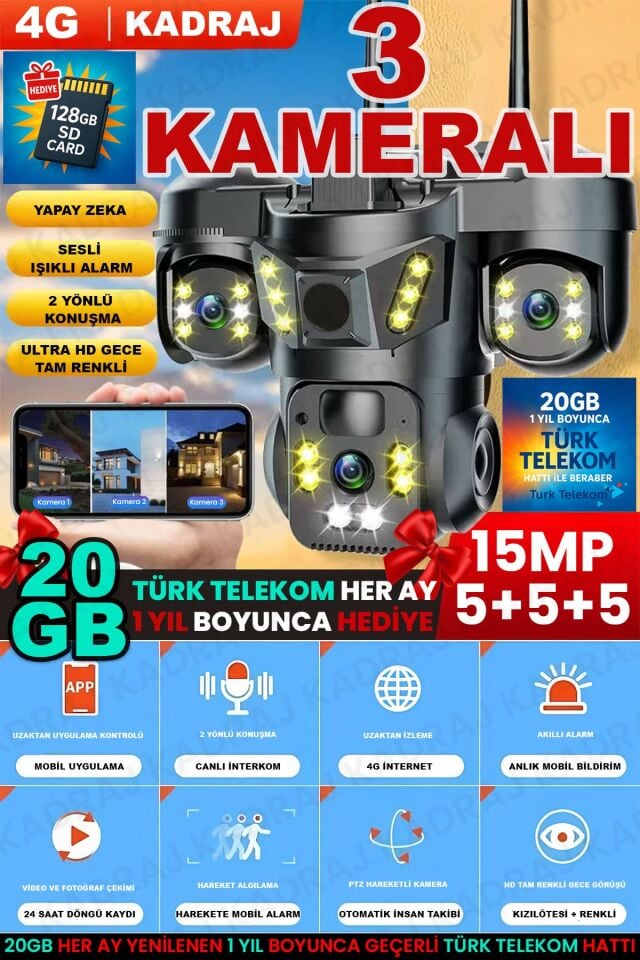 Sim Kartlı Kamera, 3 Kameralı, Solar Panelli, 20GB TURK TELEKOM Hat Dahil, İnsan Algılama, Sesli