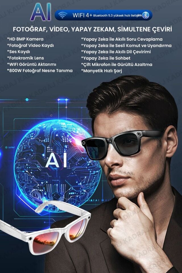 Yapay Zeka Destekli Akıllı Gözlük (W610 AI) - Fotoğraf Çekimi / Video Çekimi / Ses Kaydı