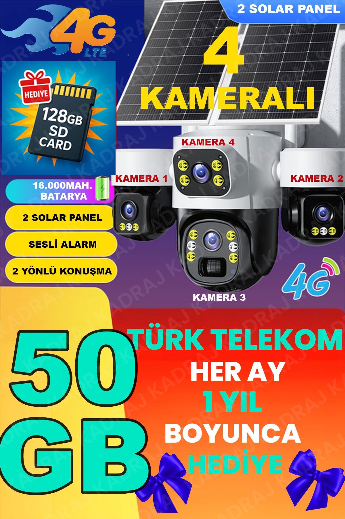 Kadraj X34B – 4 Kameralı, 4G Sim Kartlı, 2 Solar Panel Destekli, 50GB Türk Telekom M2M Hat Hediyeli