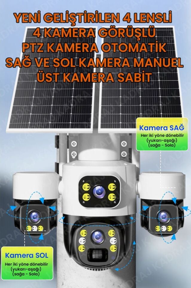 Kadraj X34B – 4 Kameralı, 4G Sim Kartlı, 2 Solar Panel Destekli, 50GB Türk Telekom M2M Hat Hediyeli