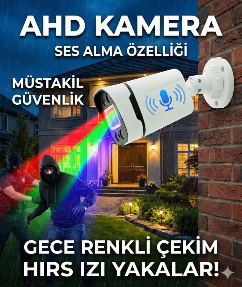 Gece Renkli -  SESLI 5MP Sony Seculensli  FullHD AHD Güvenlik Kamerası - 4X Ultra Warm LED  Colorvu