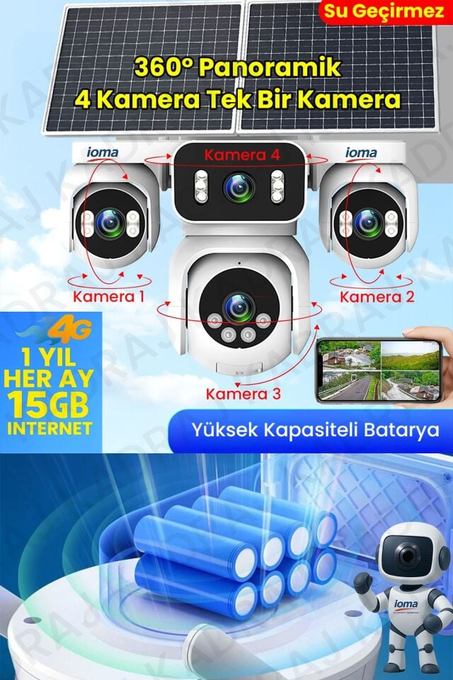 Sim Kartlı Kamera , Güneş Enerjili 4 Kameralı Solar Panelli Kamera , 20000 Mah | 2 Solar Panel | 4G