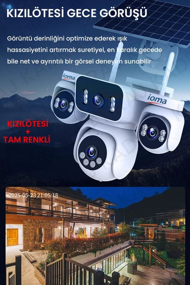 Sim Kartlı Kamera , Güneş Enerjili 4 Kameralı Solar Panelli Kamera , 20000 Mah | 2 Solar Panel | 4G