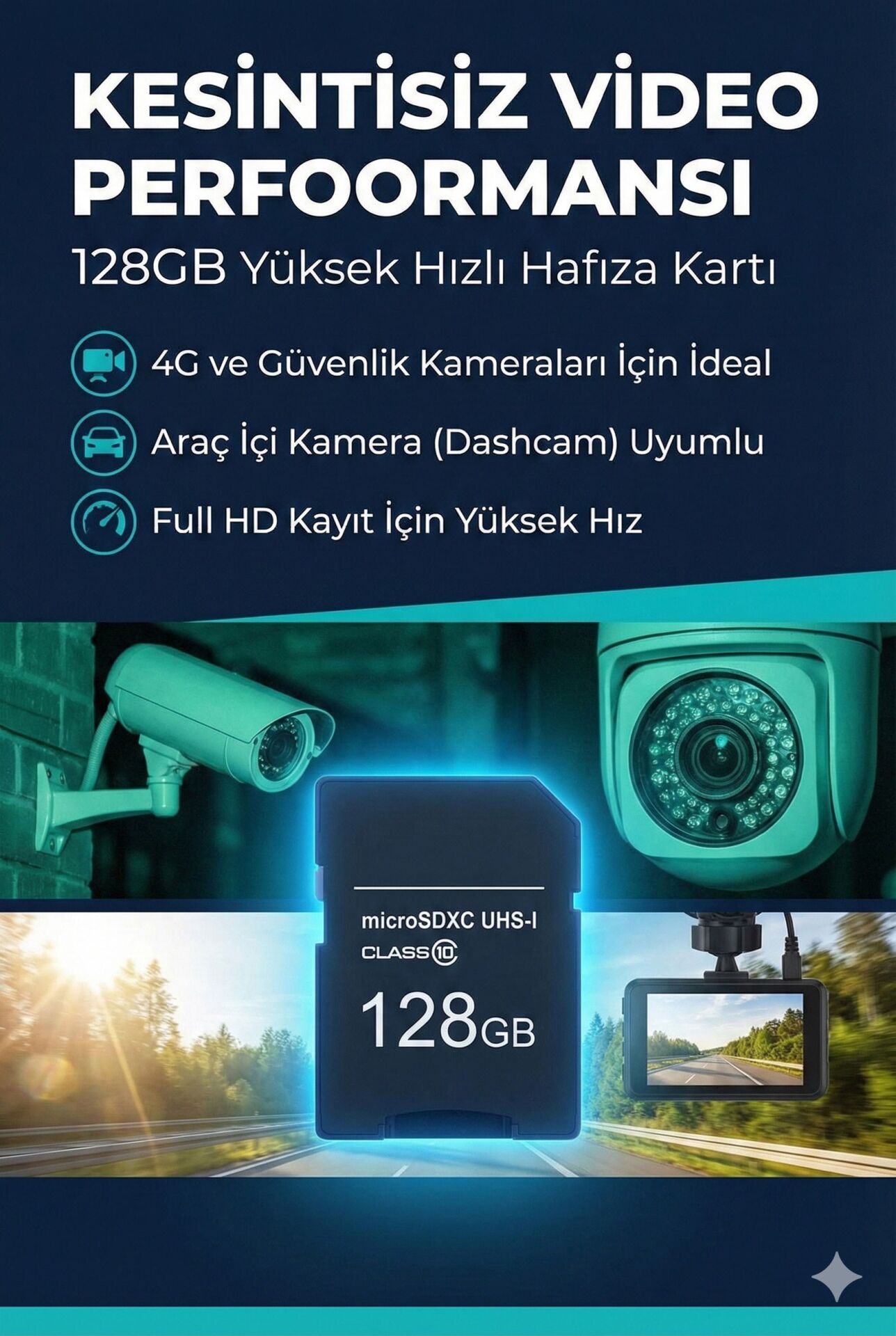 128 GB Yüksek Hızlı Micro SD Hafıza Kartı (Class 10) – 4G Kamera ve Araç İçi Kamera Uyumlu