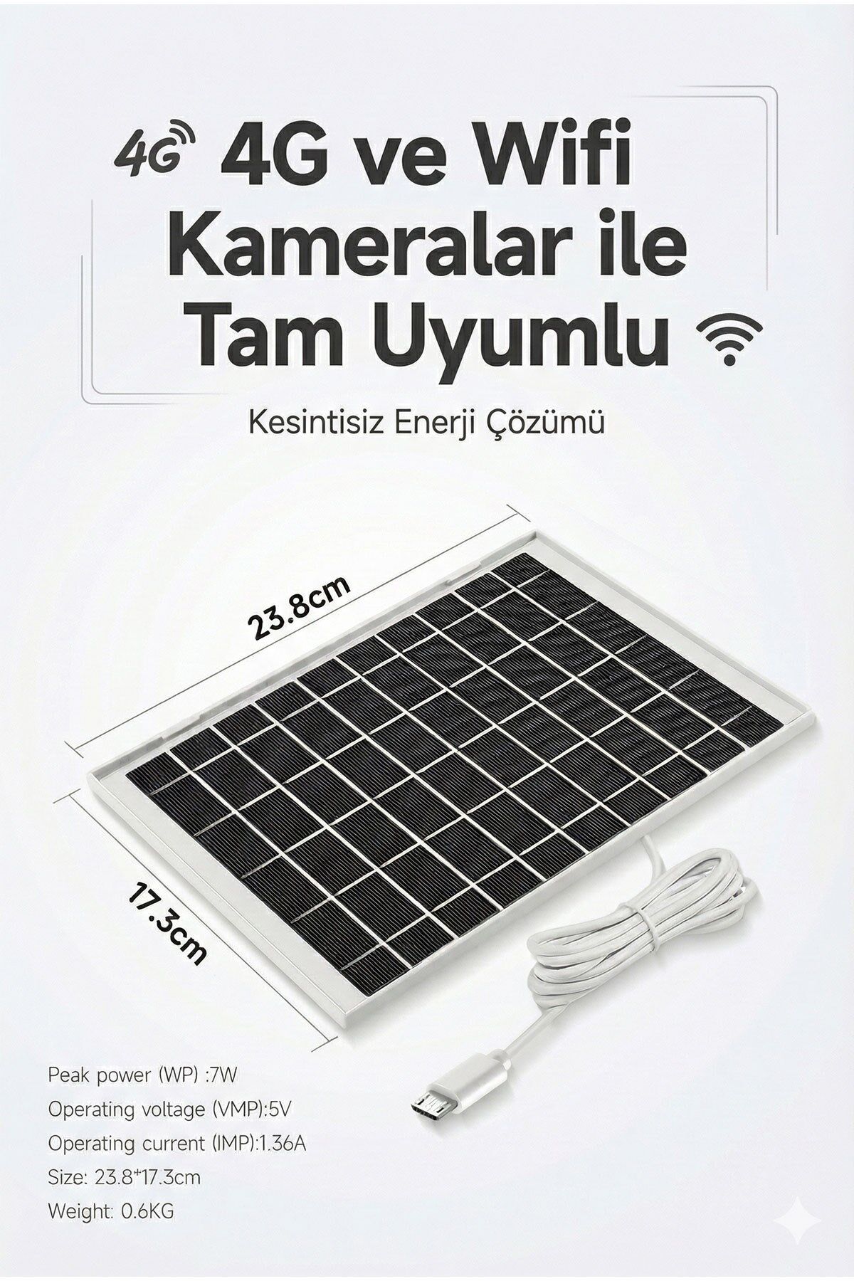 Güvenlik Kamerası Güneş Paneli - 5V 7W (4G & WiFi Uyumlu)