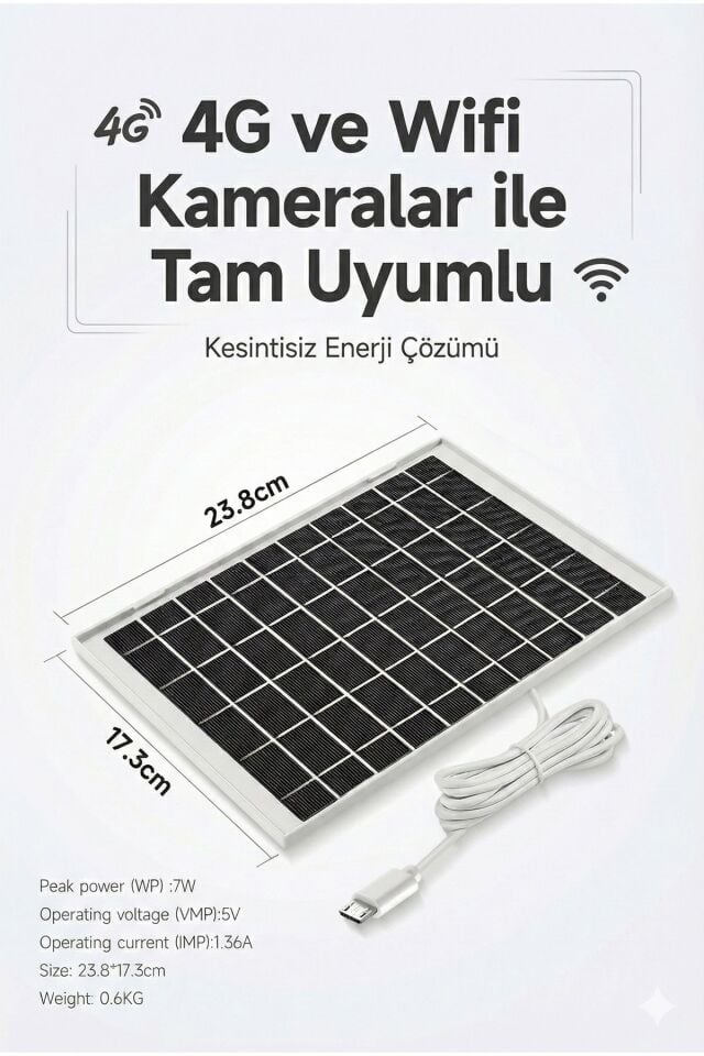 Güvenlik Kamerası Güneş Paneli - 5V 7W (4G & WiFi Uyumlu)