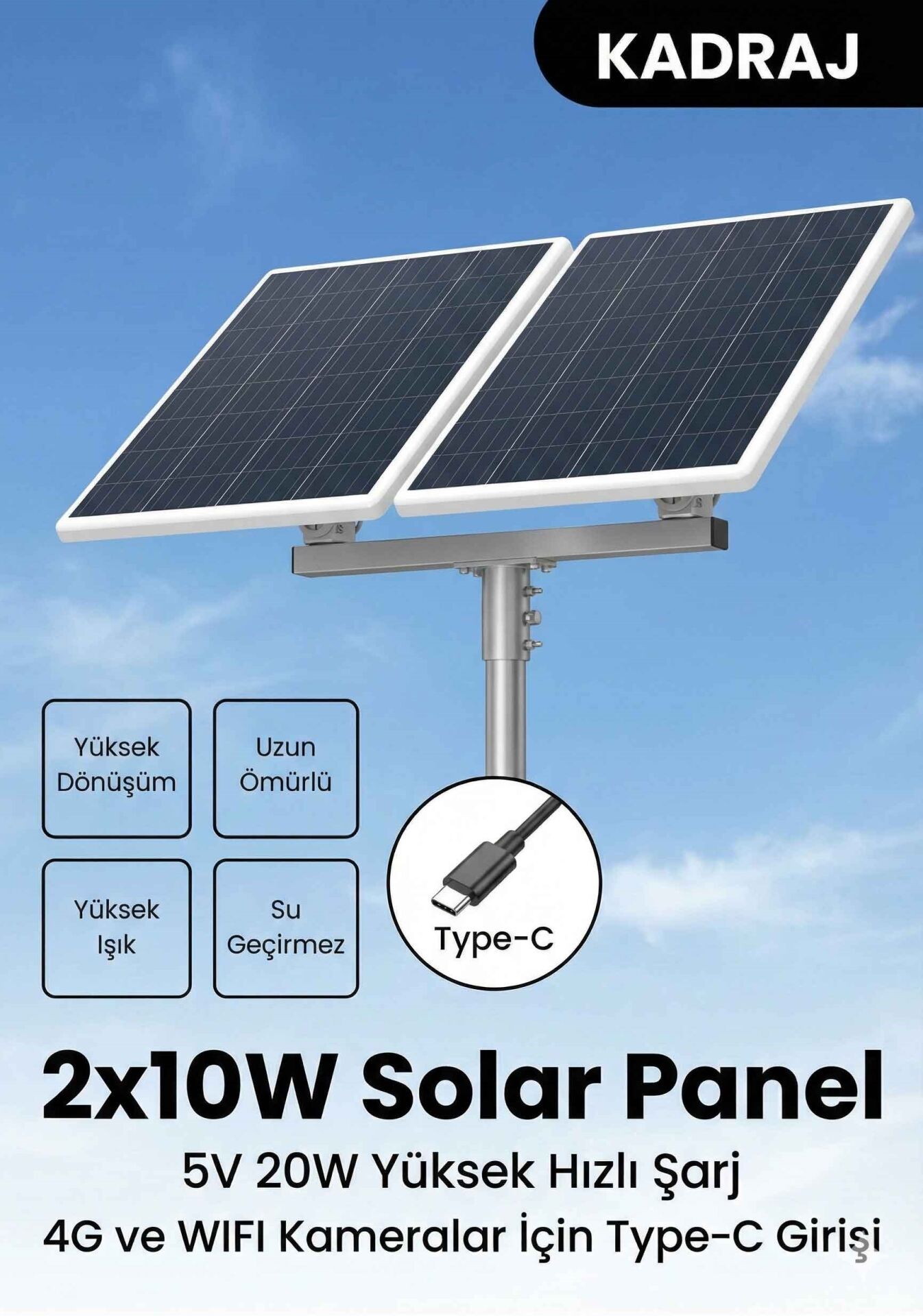 2x10W (20W) Solar Panel Kiti - Type-C 5V - Dış Mekan Kamera İçin Yüksek Güç