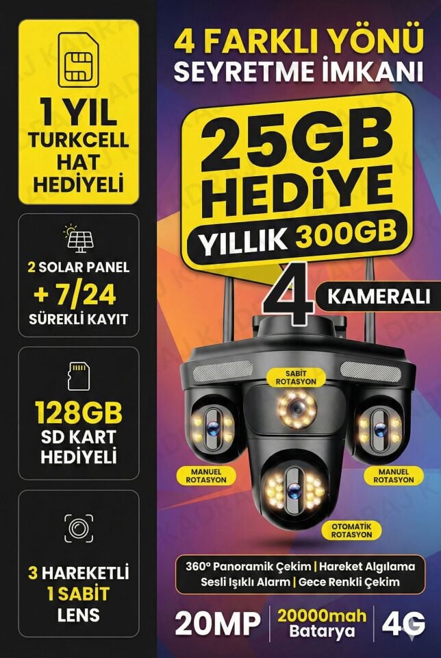 Güneş Enerjili Kamera - 4 Kameralı - 300GB TURKCELL Yıllık Sim Kart Dahil + 128GB SD Kart + 2 Solar