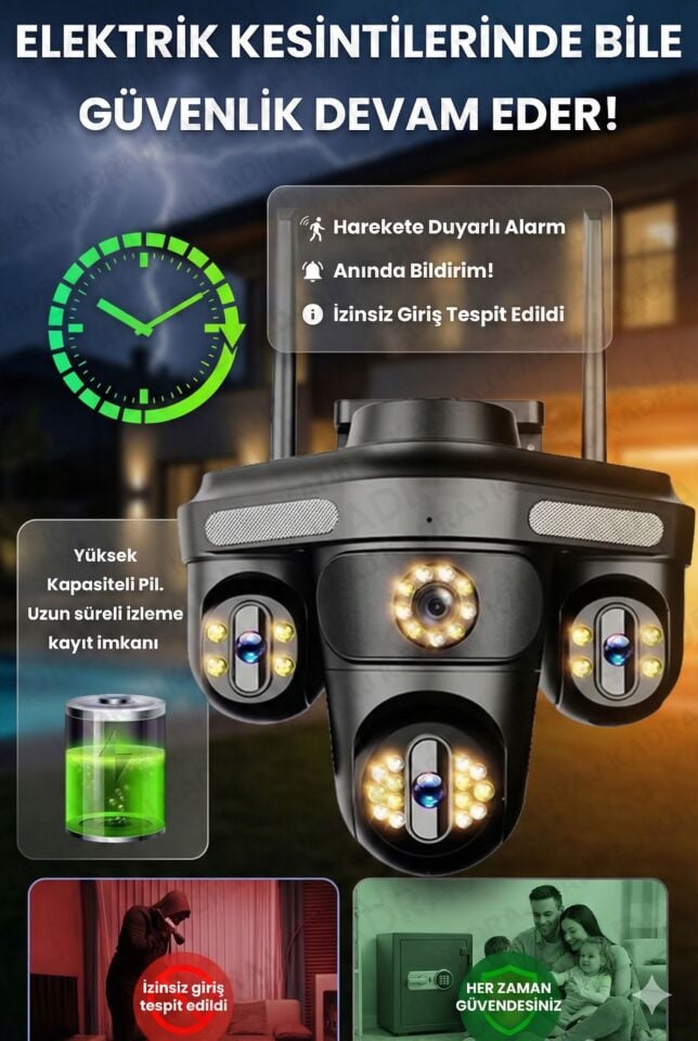 Güneş Enerjili Kamera - 4 Kameralı - 300GB TURKCELL Yıllık Sim Kart Dahil + 128GB SD Kart + 2 Solar