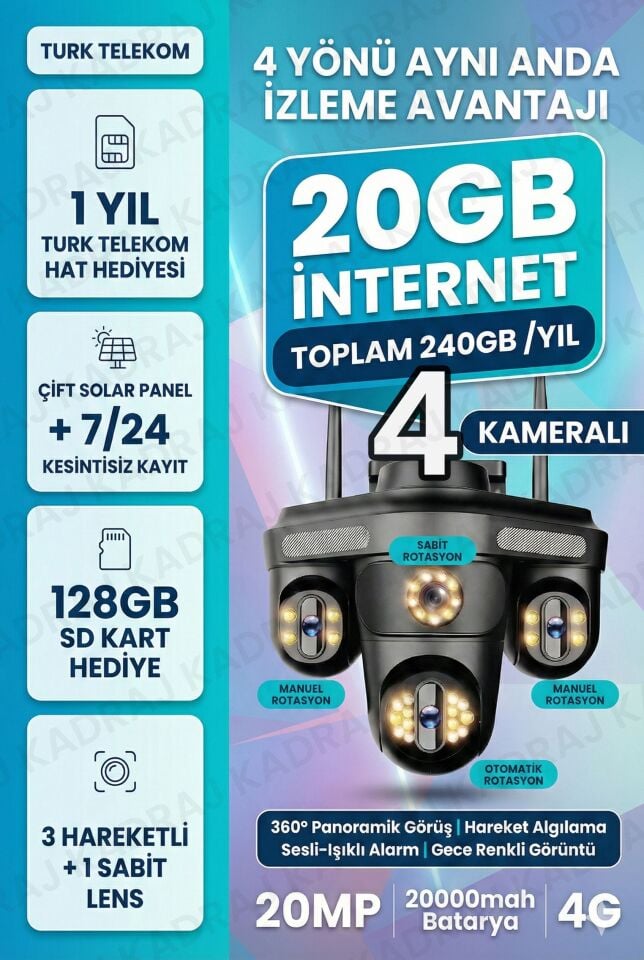 Sim Kartlı Kamera- 4 Kamera - 240GB TURK TELEKOM Yıllık Sim Kart Dahil + 128GB SD Kart + 2 Solar Pan
