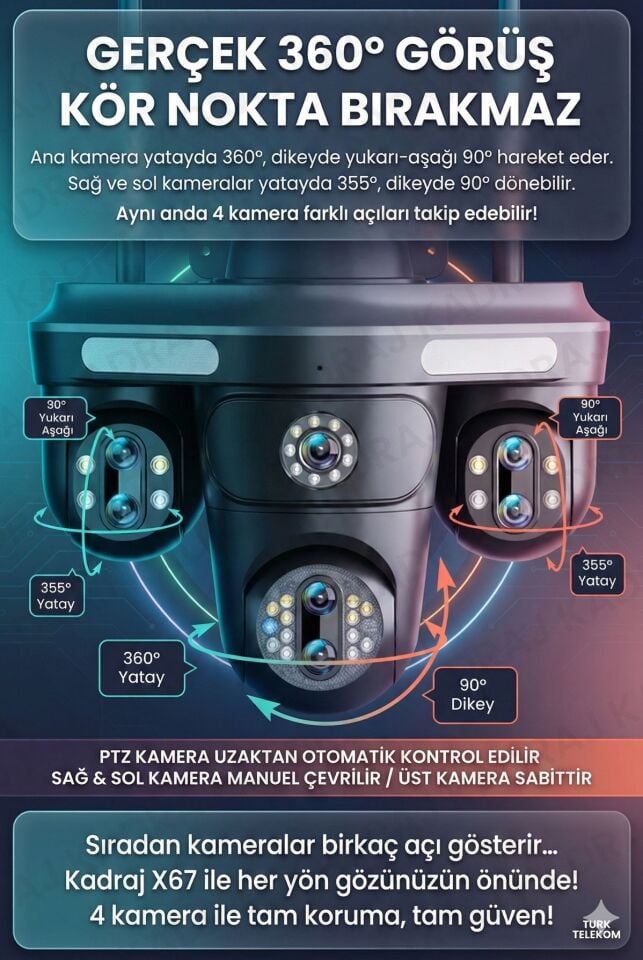 Sim Kartlı Kamera- 4 Kamera - 240GB TURK TELEKOM Yıllık Sim Kart Dahil + 128GB SD Kart + 2 Solar Pan